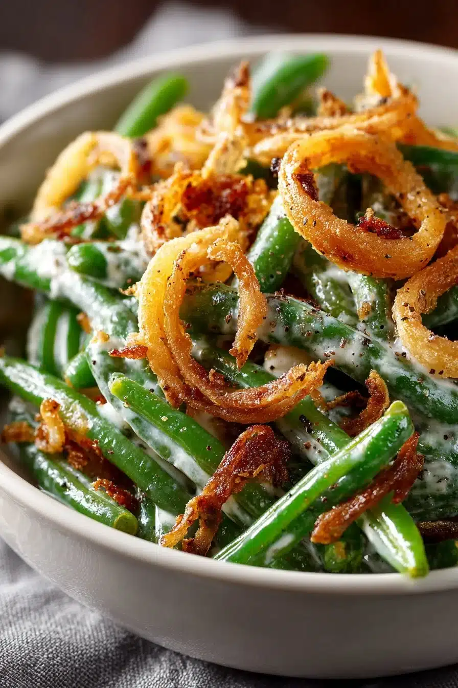 Traditional holiday green bean casserole topped with crispy onions and creamy sauce.