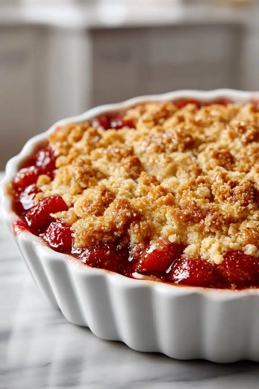 Traditional rhubarb crumble with pecan topping served in a dessert dish