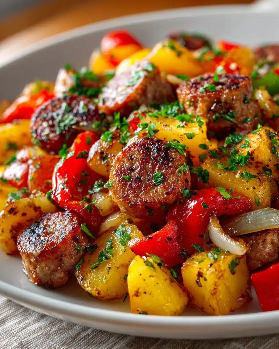Turkey Sausage and Potato Hash served on a plate with fresh herbs.
