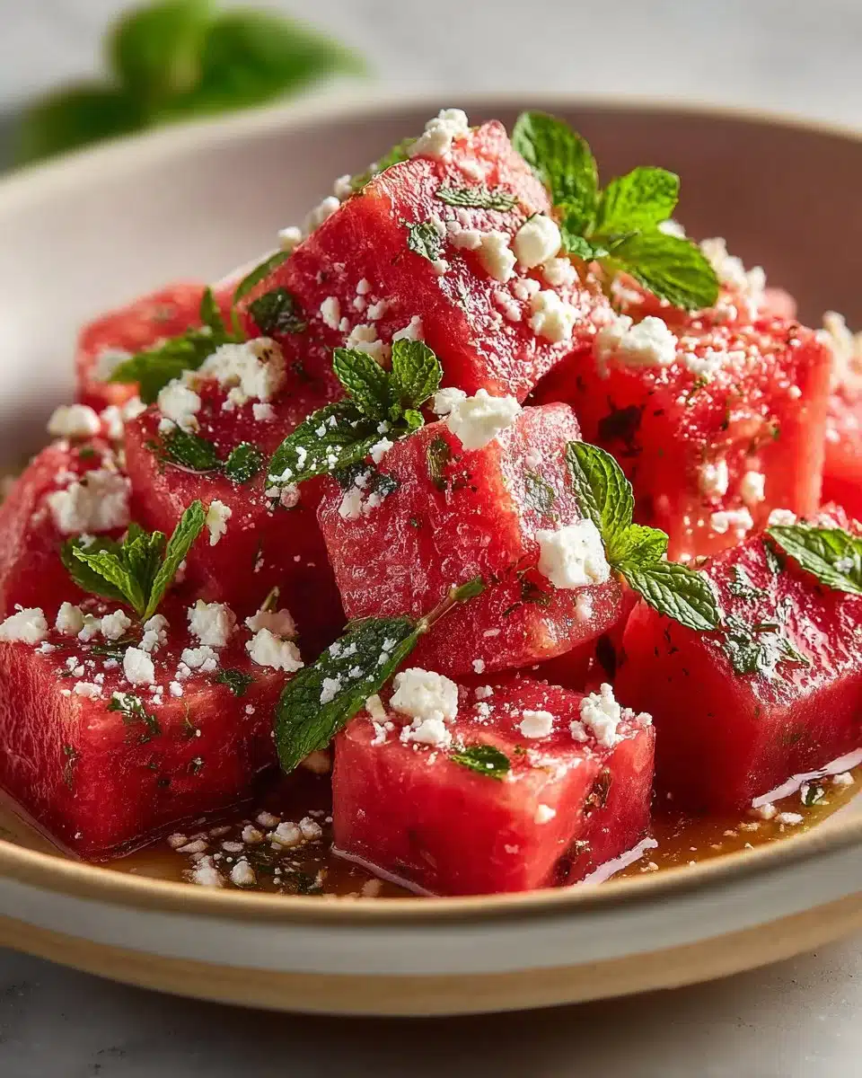 Watermelon Mint Salad with Feta Cheese served in a bowl