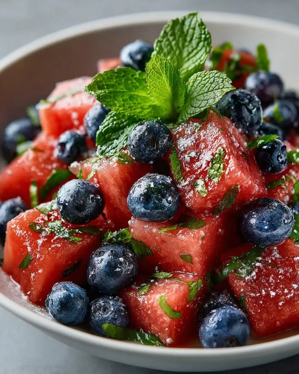 Refreshing Watermelon Blueberry Mint Fruit Salad with mint leaves and colorful fruits