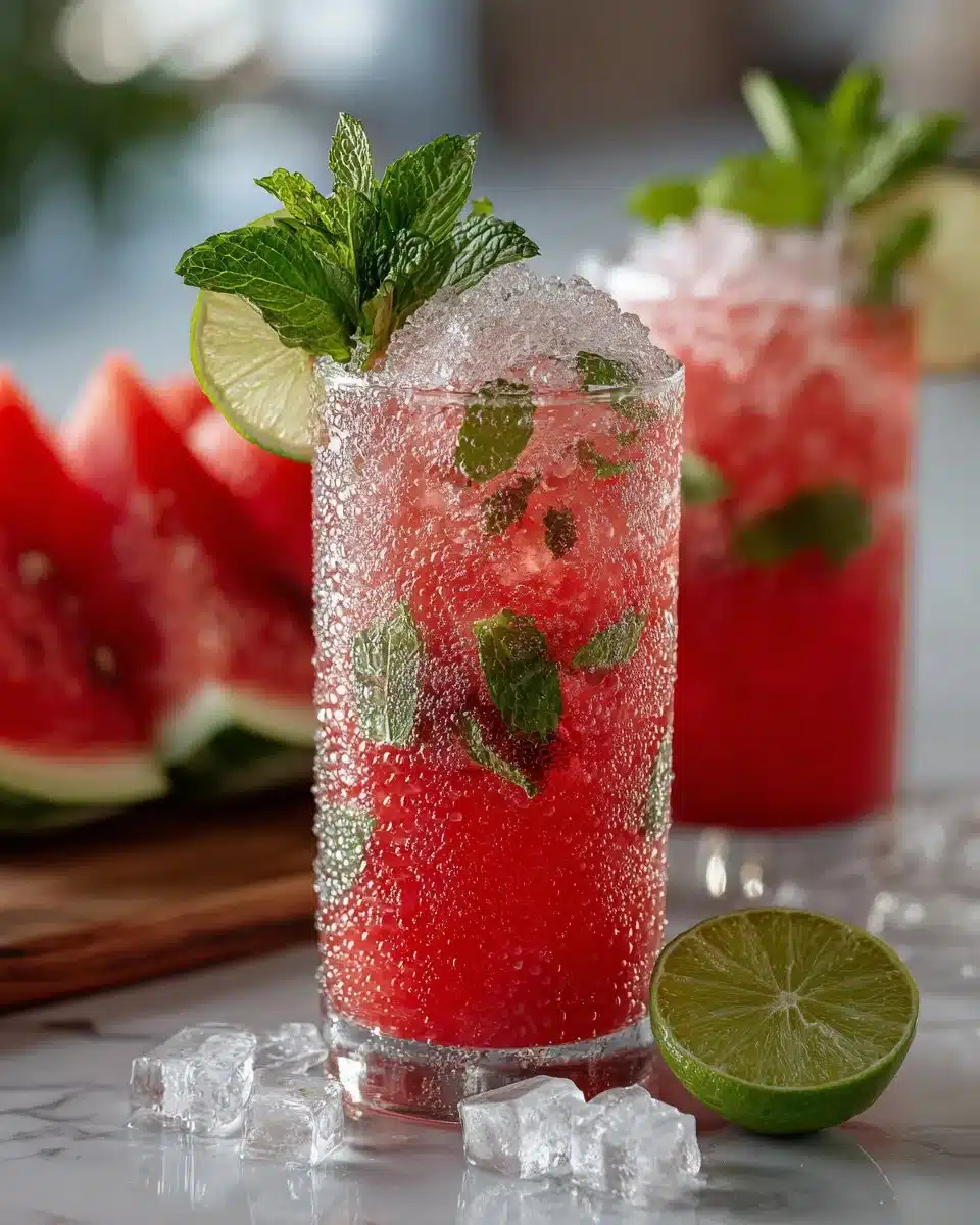A refreshing Watermelon Mint Lime drink served in a glass with mint leaves