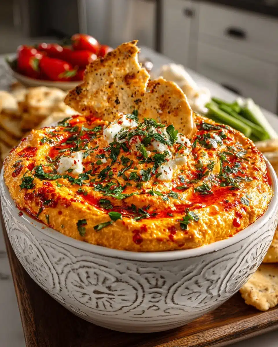 White bean and roasted red pepper dip served in a bowl with pita chips.