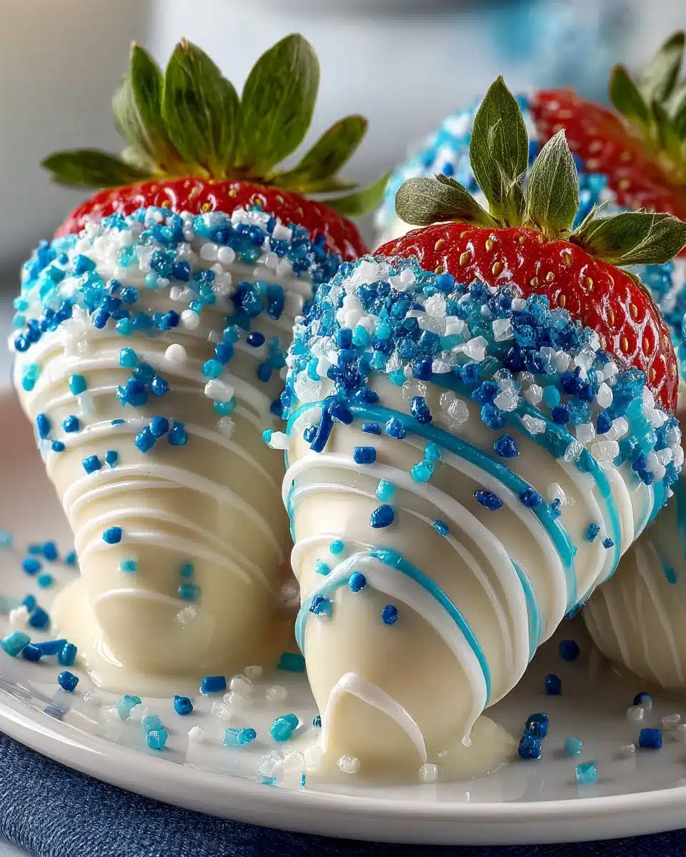 White Chocolate Dipped Strawberries with Blue Sprinkles White Chocolate Dipped Strawberries with Blue Sprinkles