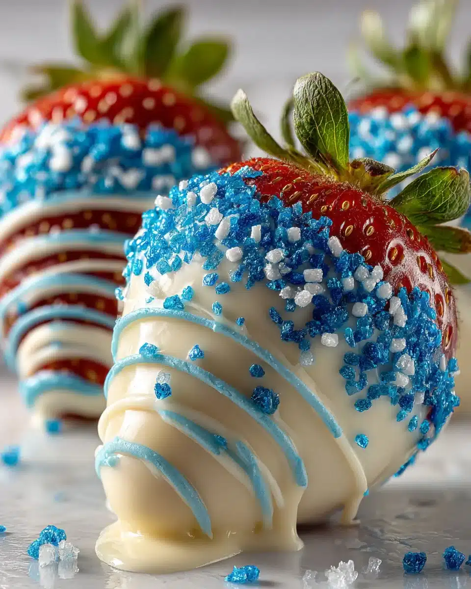 White Chocolate Dipped Strawberries with Blue Sprinkles White Chocolate Dipped Strawberries with Blue Sprinkles