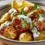 Zaatar roasted potatoes served with lemon yogurt sauce on a plate