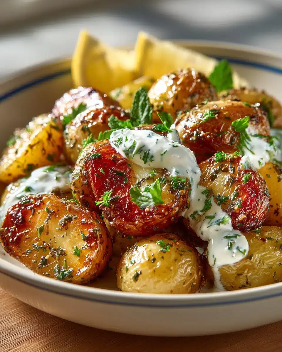 Zaatar roasted potatoes served with lemon yogurt sauce on a plate