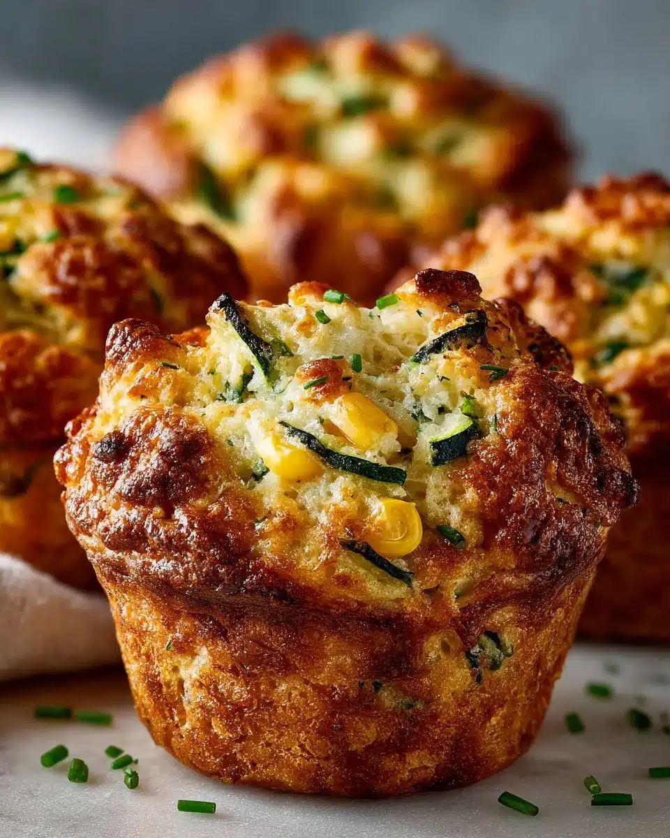 Zucchini and corn savory muffins on a wooden table served with herbs.
