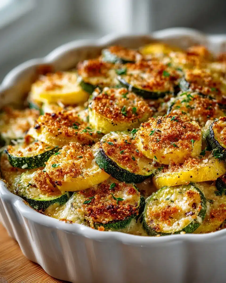 Zucchini and Yellow Squash Casserole fresh out of the oven in a baking dish