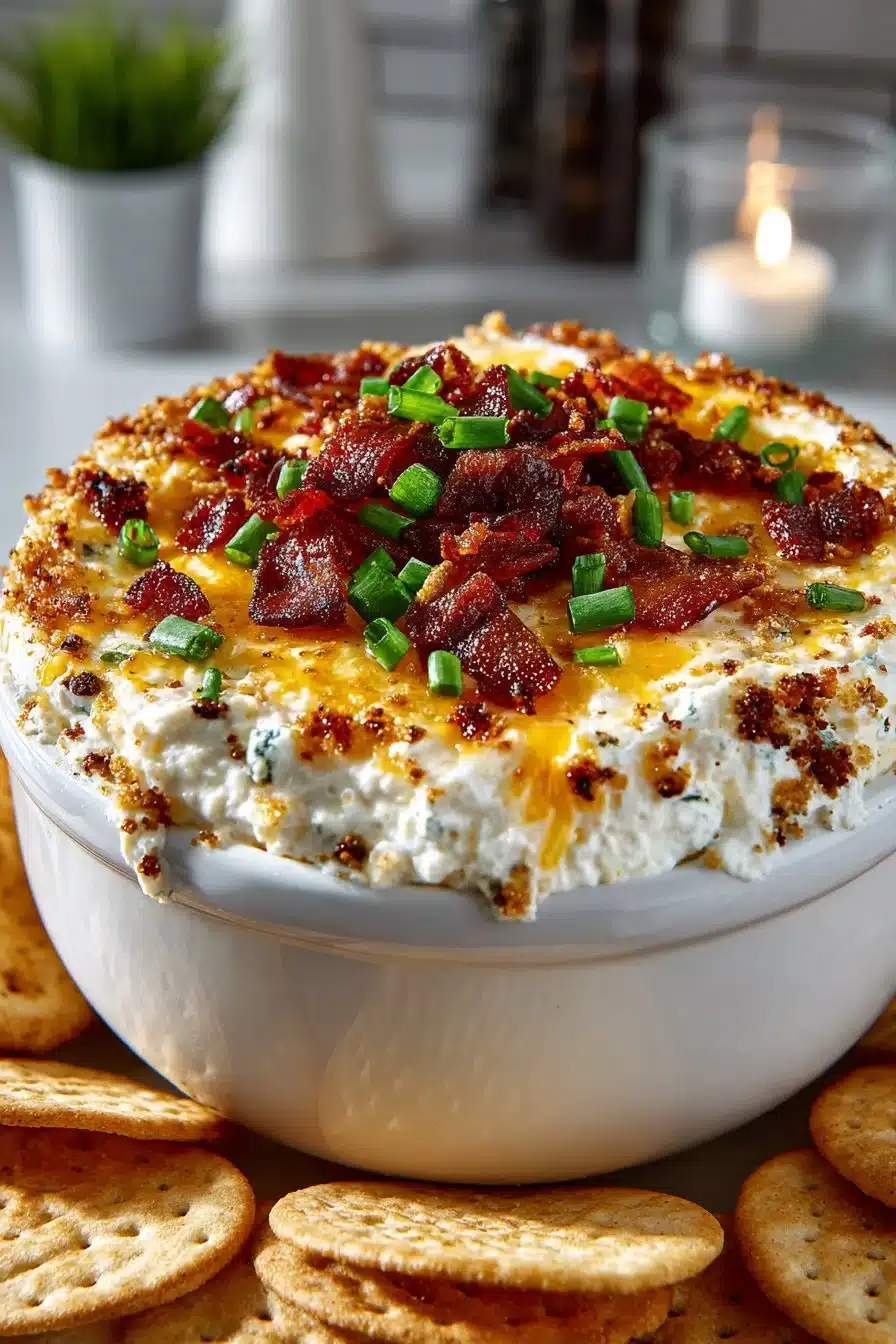 Baked creamy jalapeno popper dip served in a dish with tortilla chips