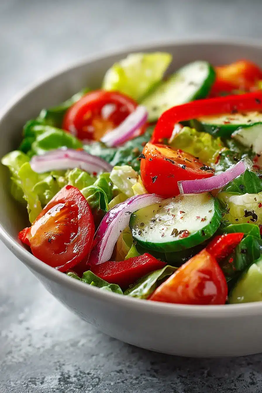 Delicious classic summer garden salad with colorful vegetables and fresh herbs