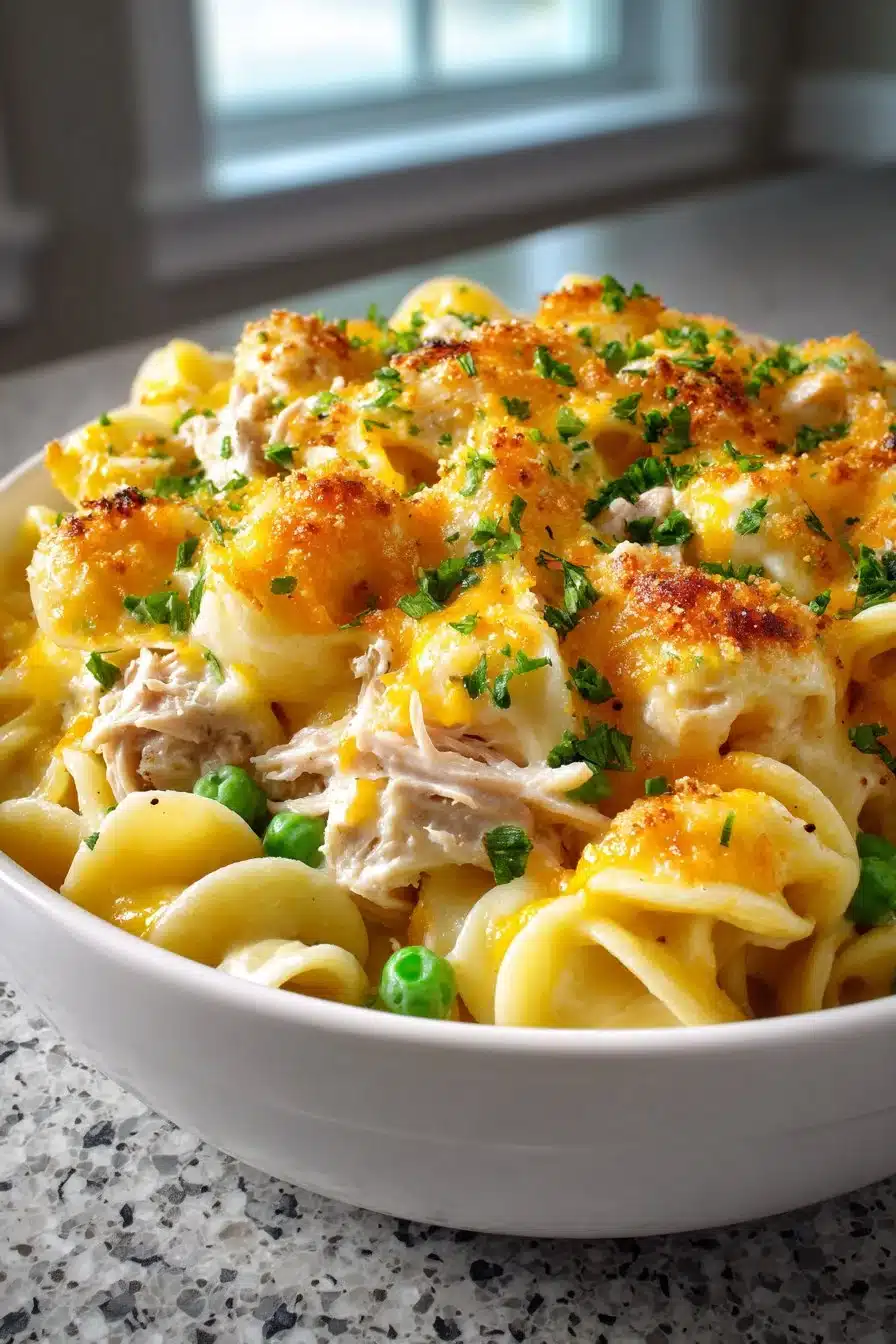 Delicious tuna noodle casserole topped with crispy breadcrumbs and cheese