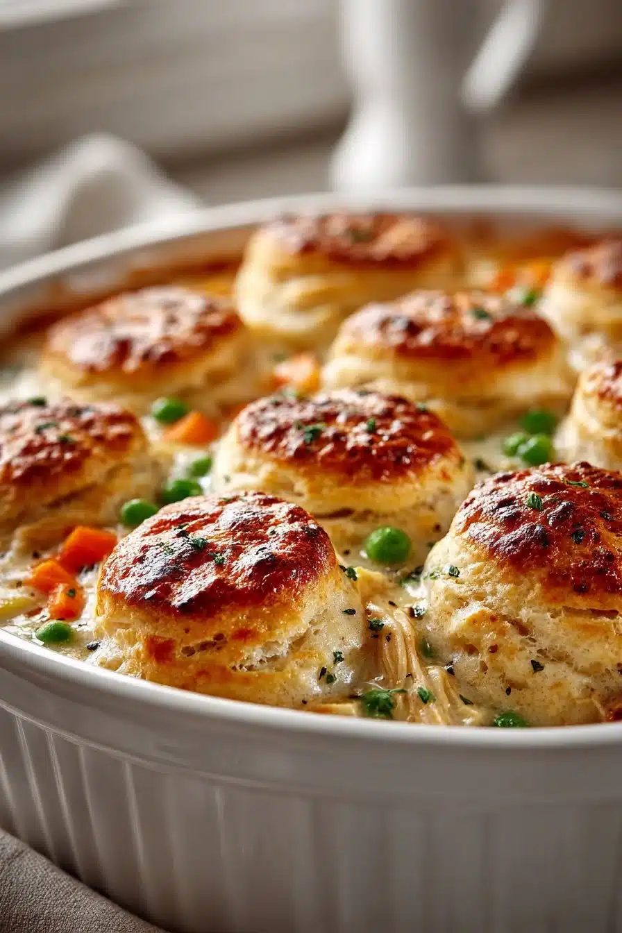 Delicious homemade chicken pot pie casserole topped with golden biscuits