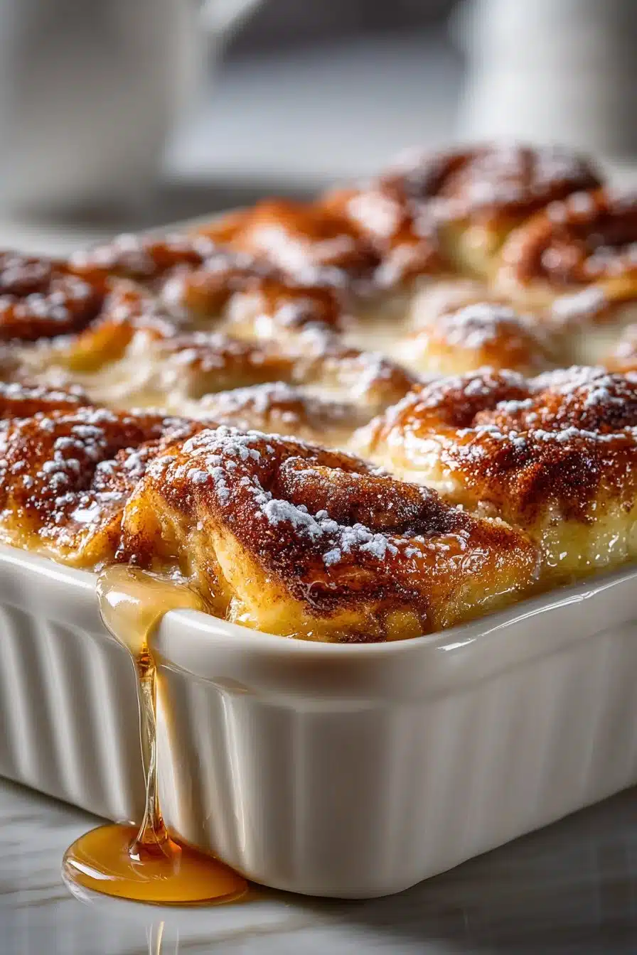Delicious homemade cinnamon roll casserole served warm for breakfast