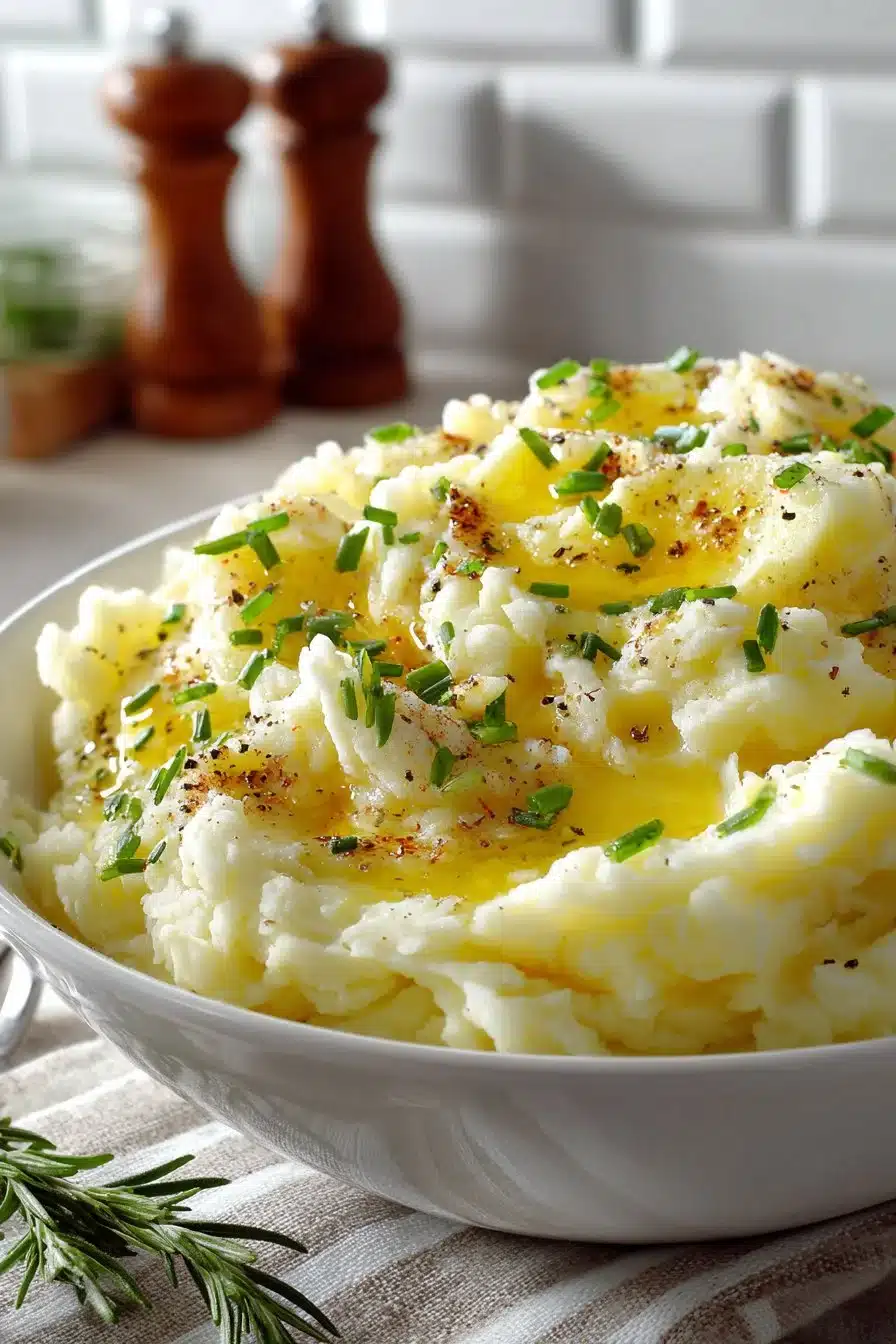 Creamy garlic mashed potatoes topped with garlic and herbs.