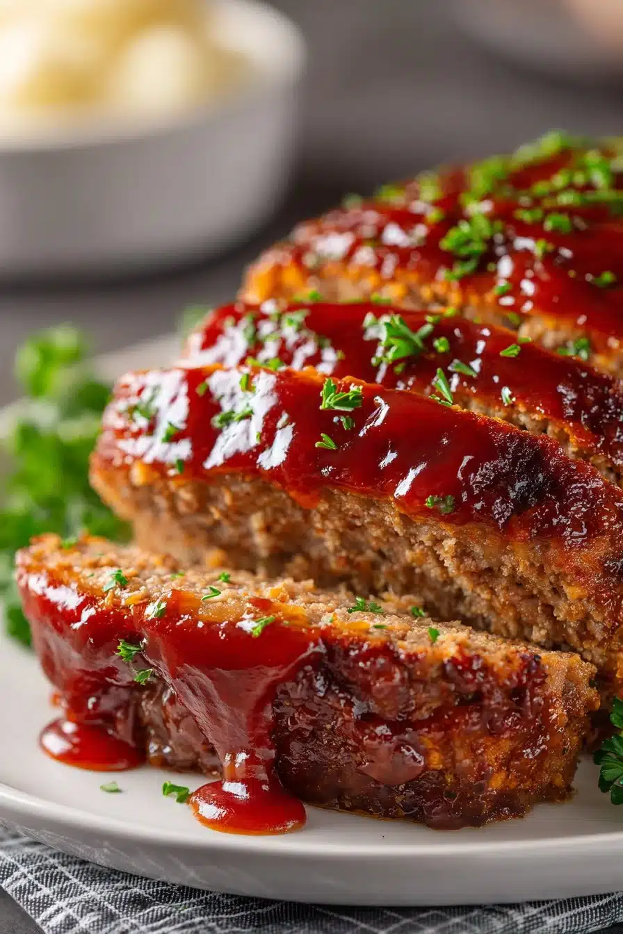 Delicious homemade meatloaf with brown sugar ketchup glaze on a plate
