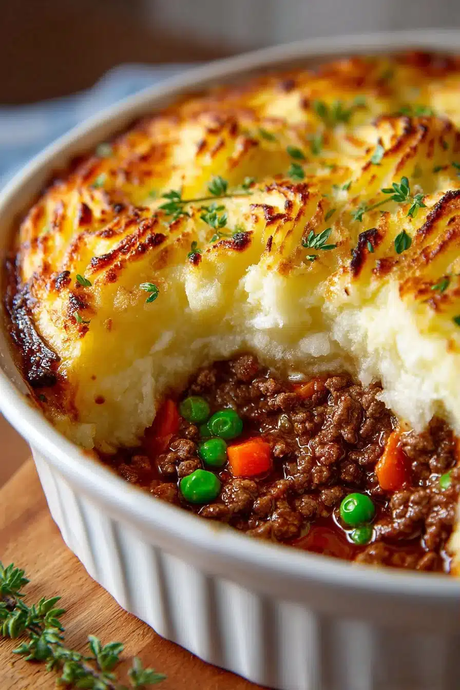 Delicious homemade shepherd's pie casserole topped with creamy mashed potatoes.