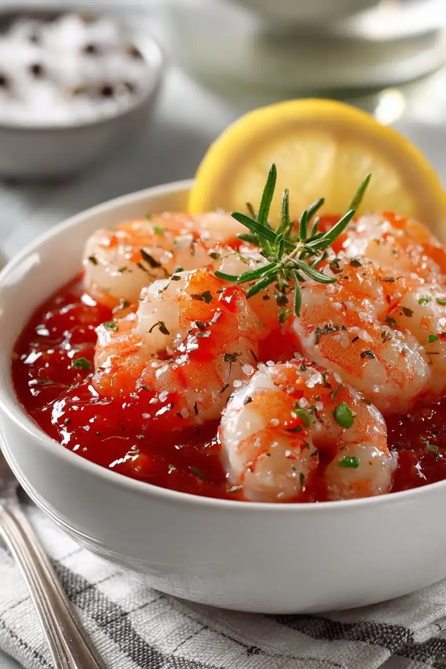 Delicious homemade shrimp cocktail sauce served with fresh shrimp.