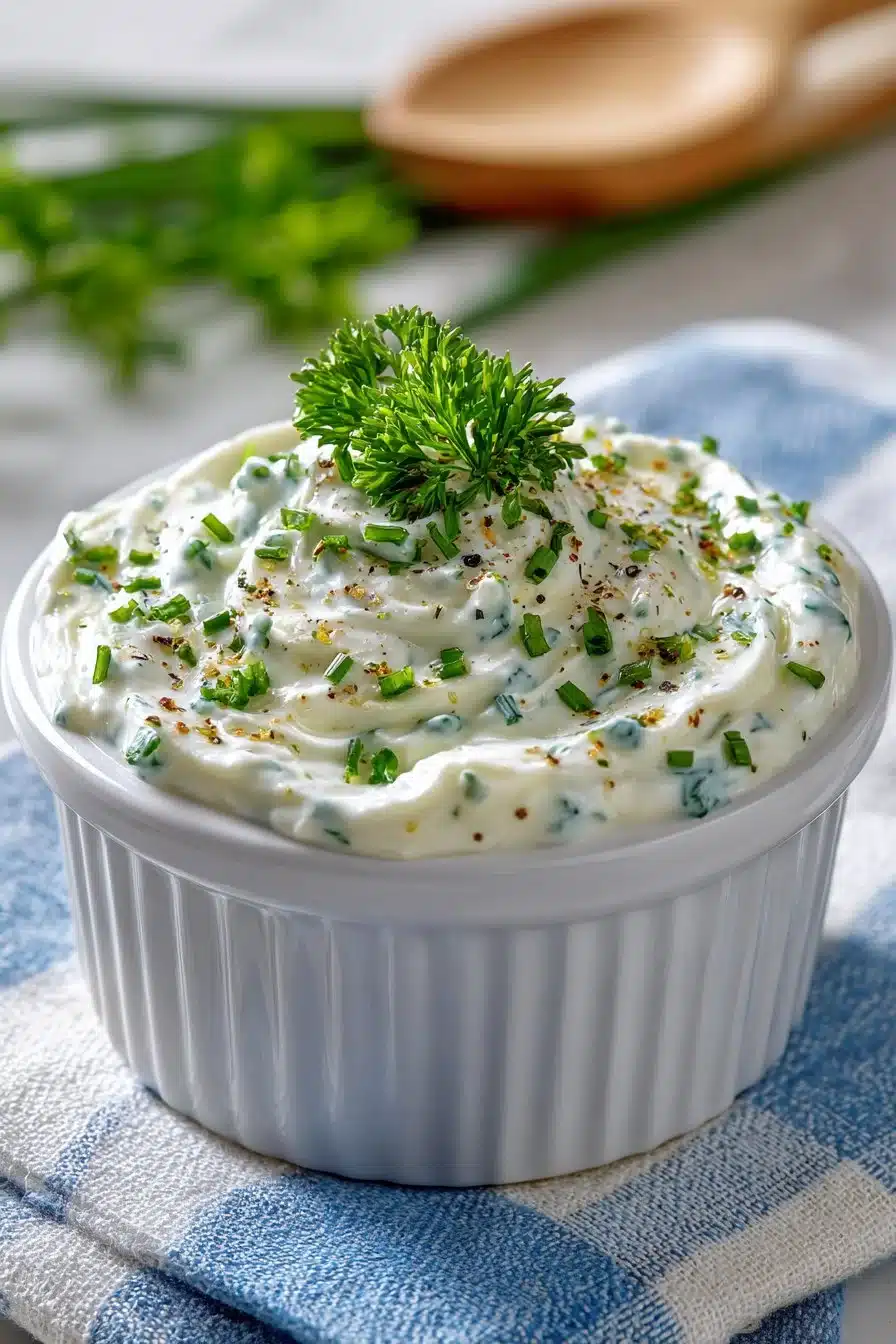 Delicious homemade tartar sauce in a bowl with lemon and herbs