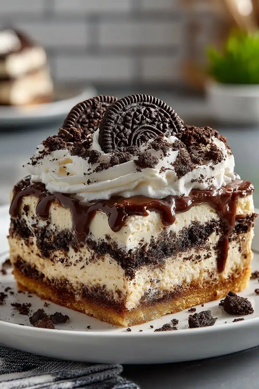 Best Layered Cookies and Cream Oreo Lasagna dessert with layers of Oreo cookies