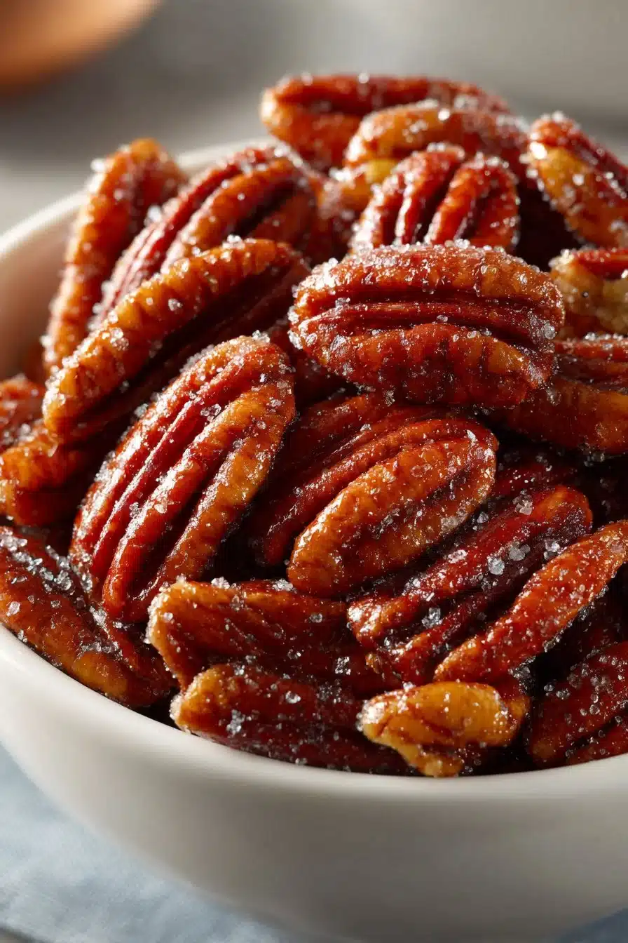 Oven baked cinnamon sugar pecans in a bowl ready to enjoy