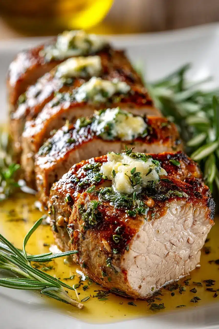 Oven baked garlic butter pork tenderloin garnished with herbs