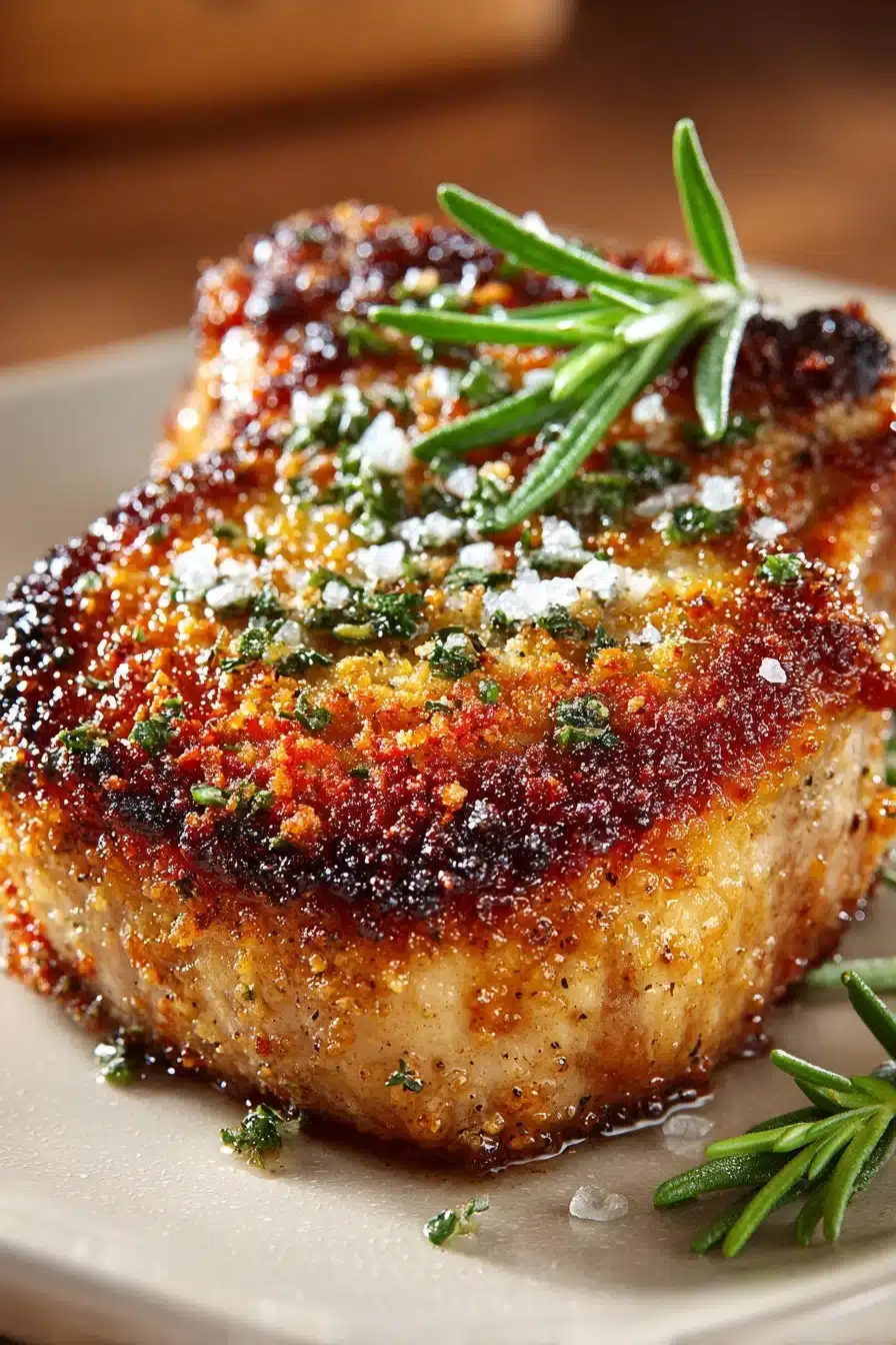 Oven baked parmesan crusted pork chops served on a plate with herbs