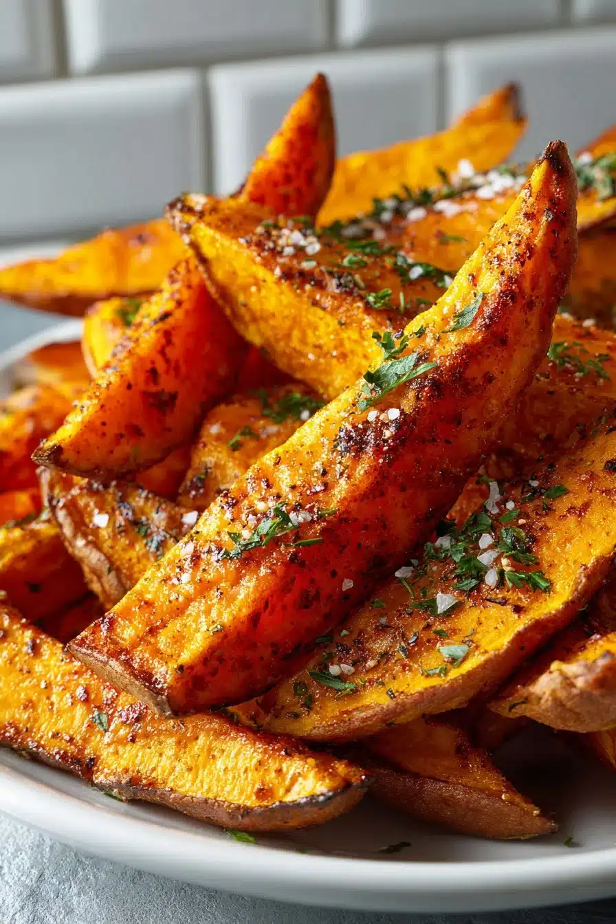 Crispy oven baked sweet potato wedges served in a bowl with seasoning