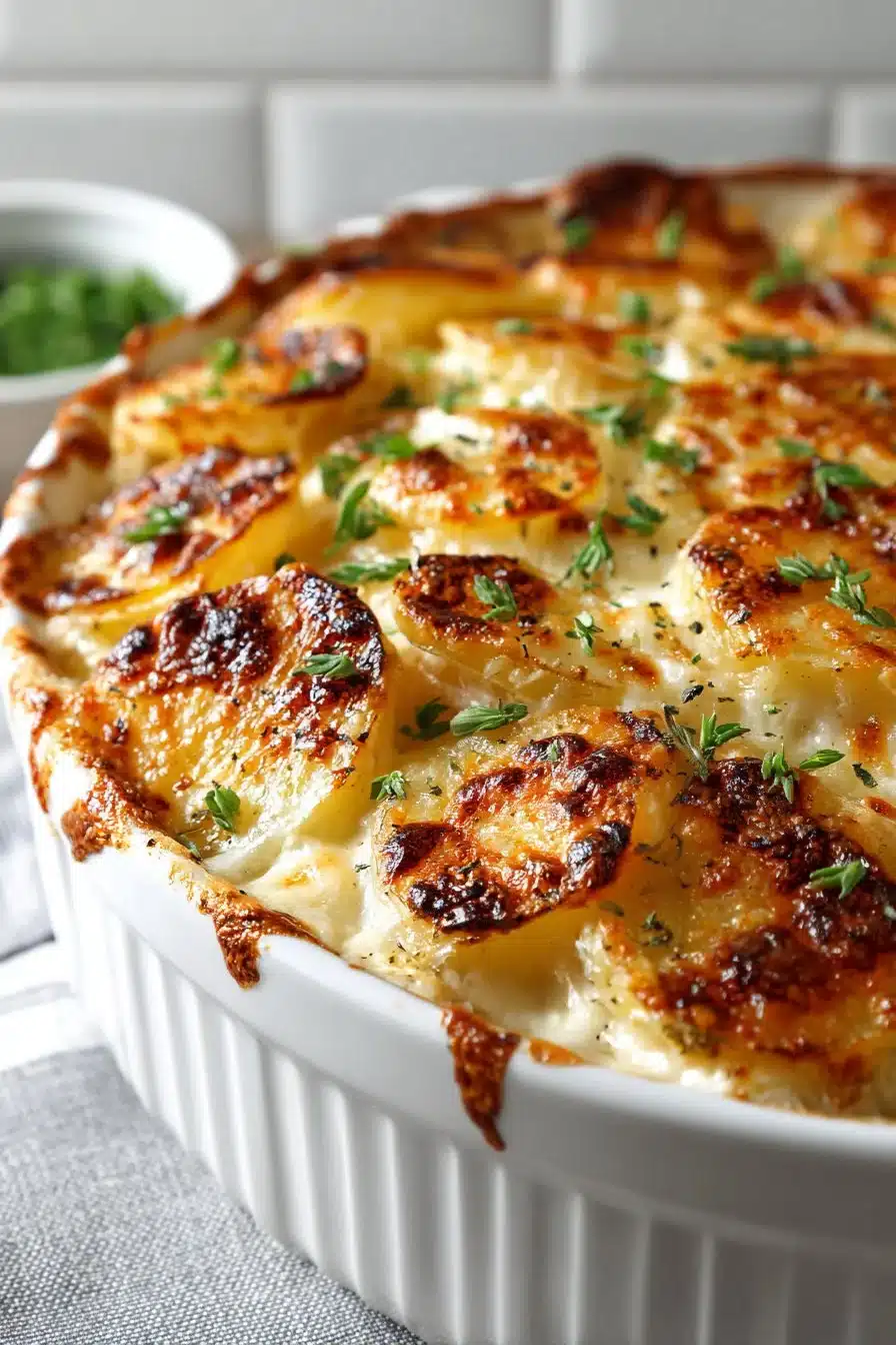 Delicious slow cooker cheesy scalloped potatoes served in a bowl.