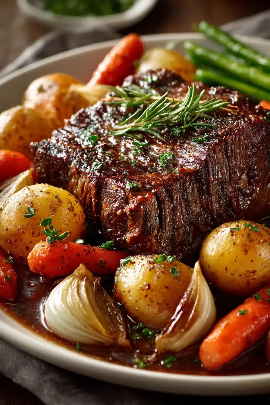 Delicious slow cooker pot roast served on a plate for a birthday dinner