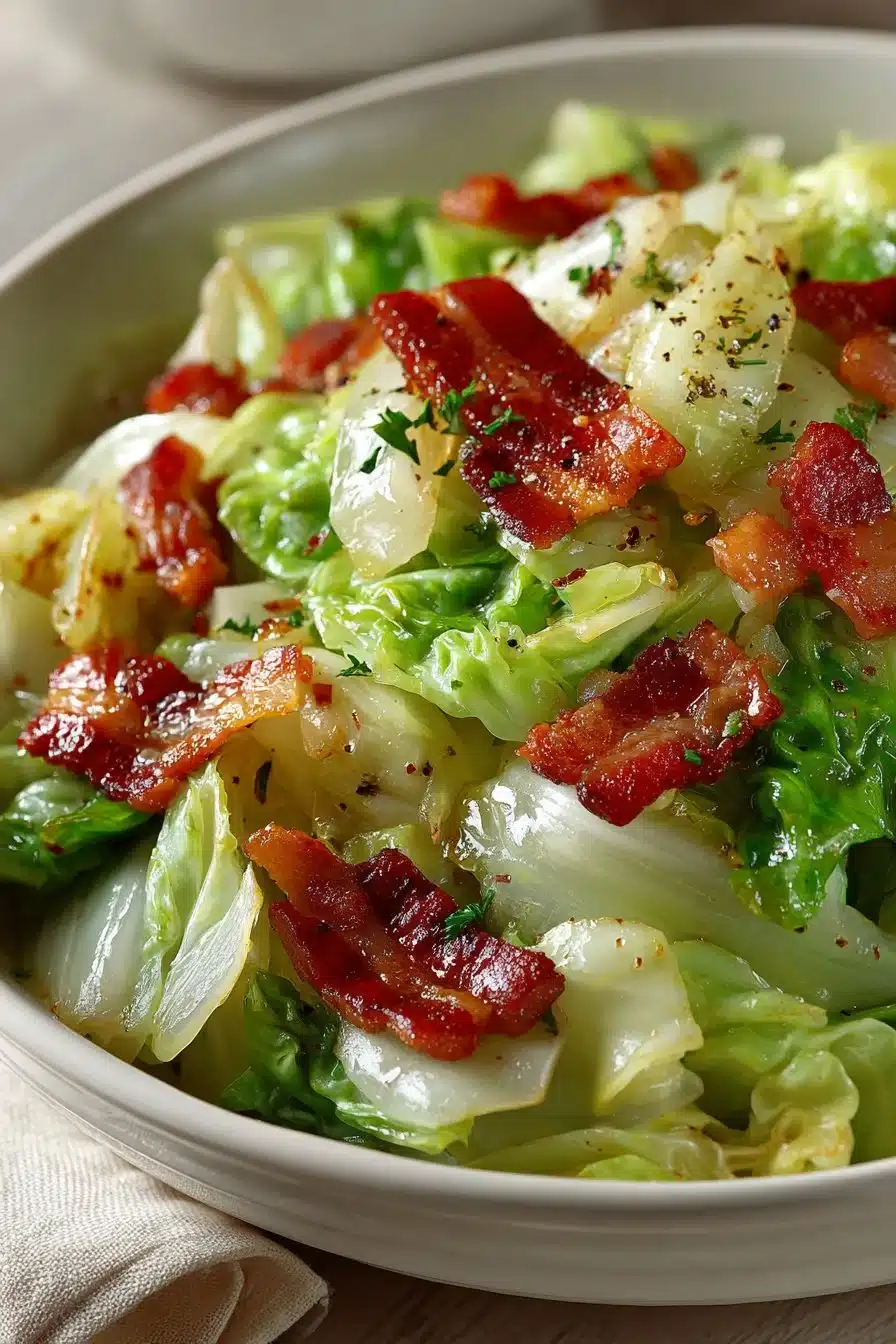 Delicious Southern Fried Cabbage with Bacon and Onion served in a skillet
