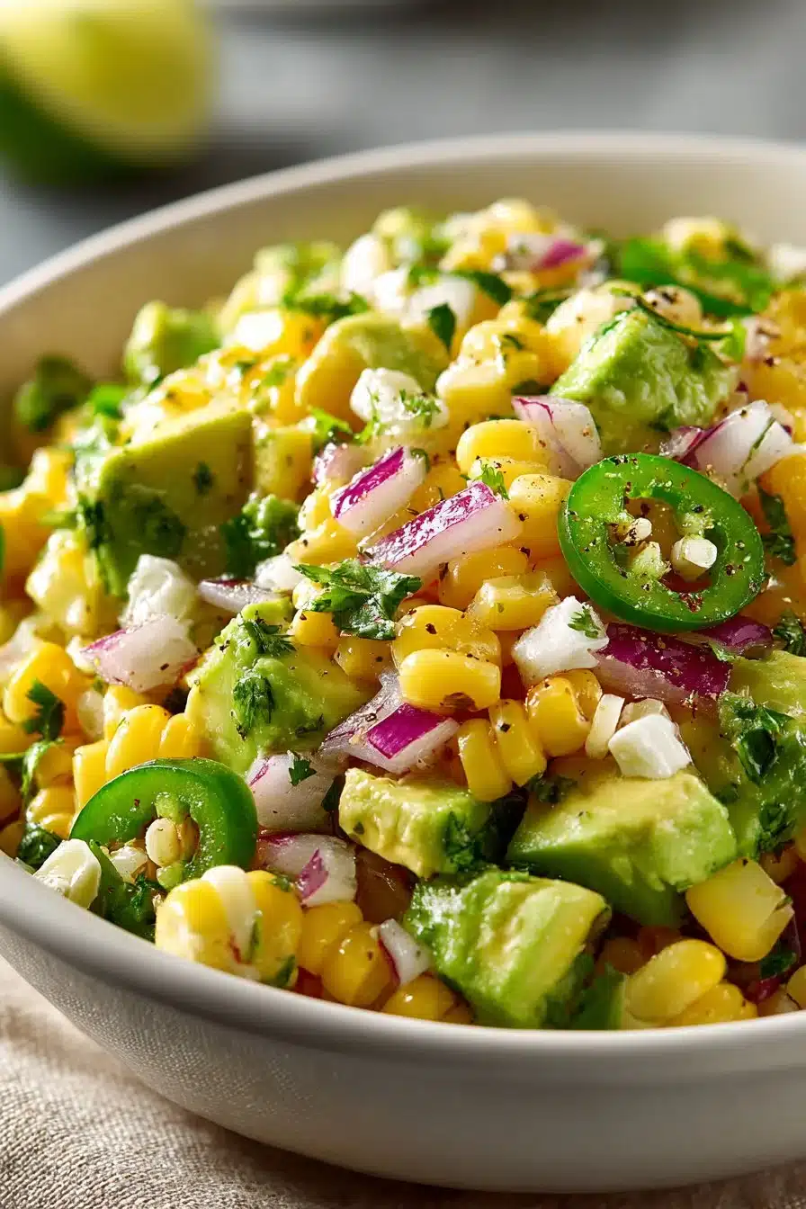 Best Summer Fresh Corn and Avocado Salsa Fresh corn avocado salsa served in a bowl, highlighting bright colors and ingredients.