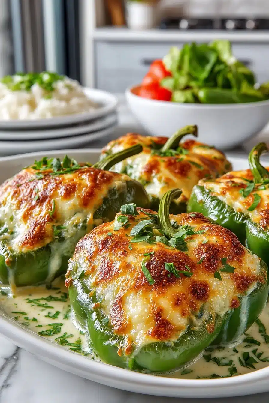 Bowl of Cheesy Stuffed Banana Peppers Soup garnished with herbs