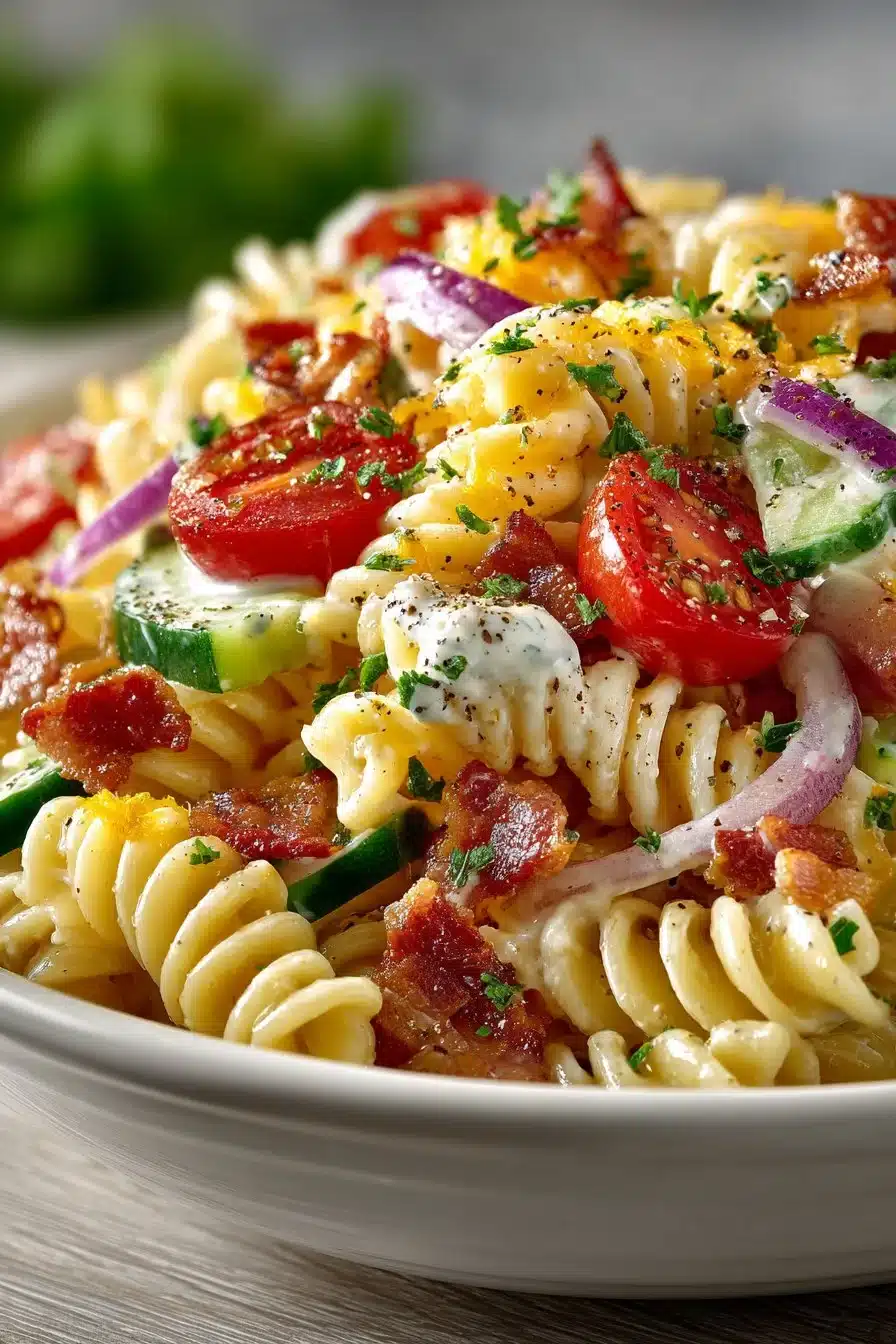 Delicious Bacon Ranch Pasta Salad with crispy bacon and creamy dressing
