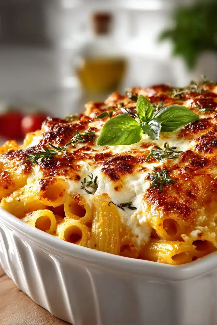 Classic baked ziti with ricotta cheese served in a casserole dish
