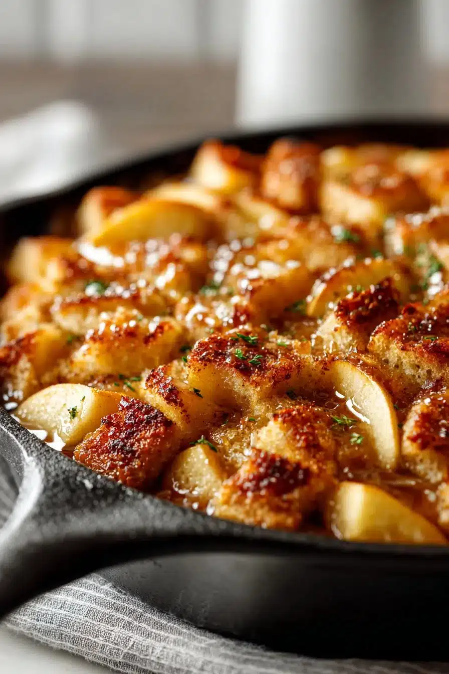Classic cast iron skillet apple brown Betty dessert with spiced apples and crumb topping