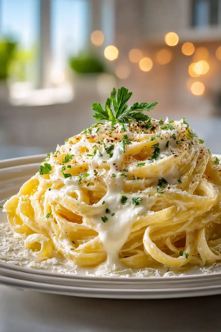 A bowl of classic creamy homemade Alfredo sauce ready for pasta.