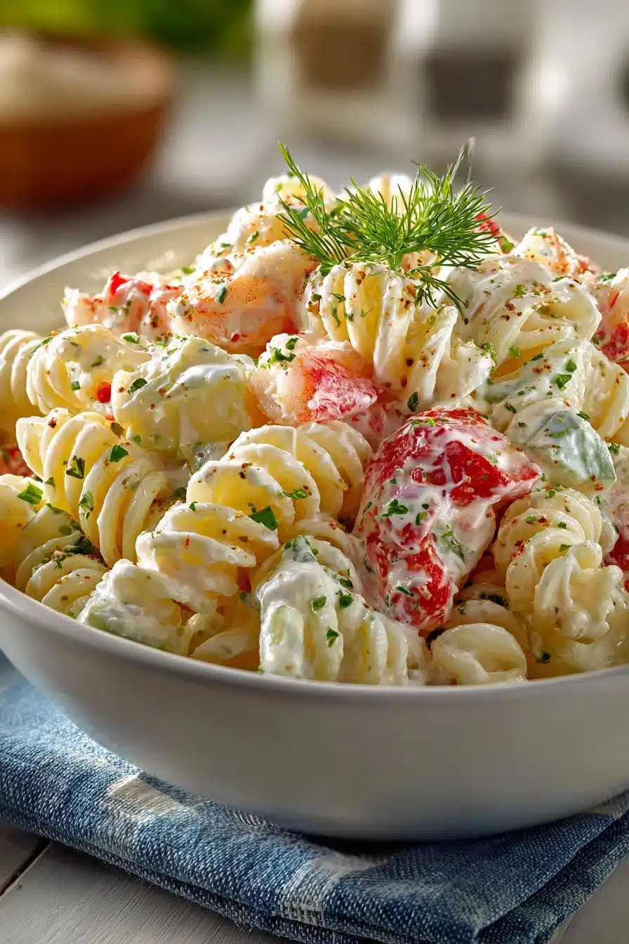 Bowl of classic creamy seafood pasta salad with shrimp and vegetables