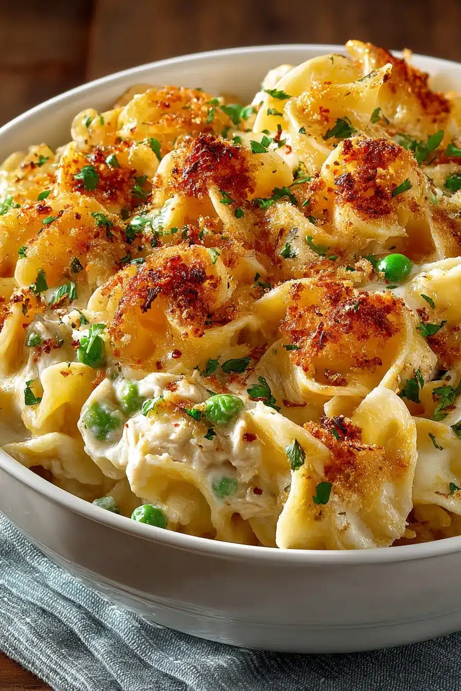 Creamy tuna noodle casserole with a crispy topping served in a baking dish