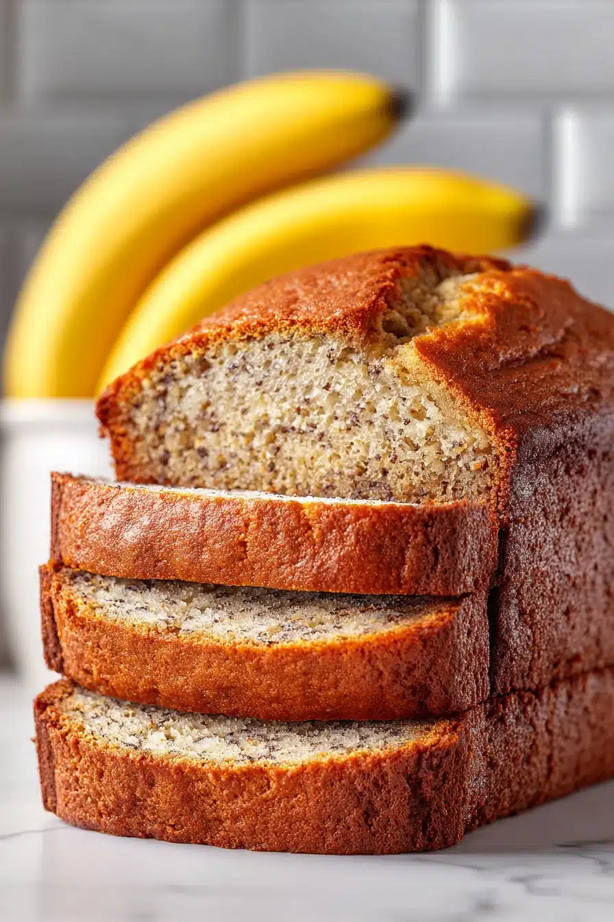 Loaf of classic homemade banana bread with slices on a wooden cutting board