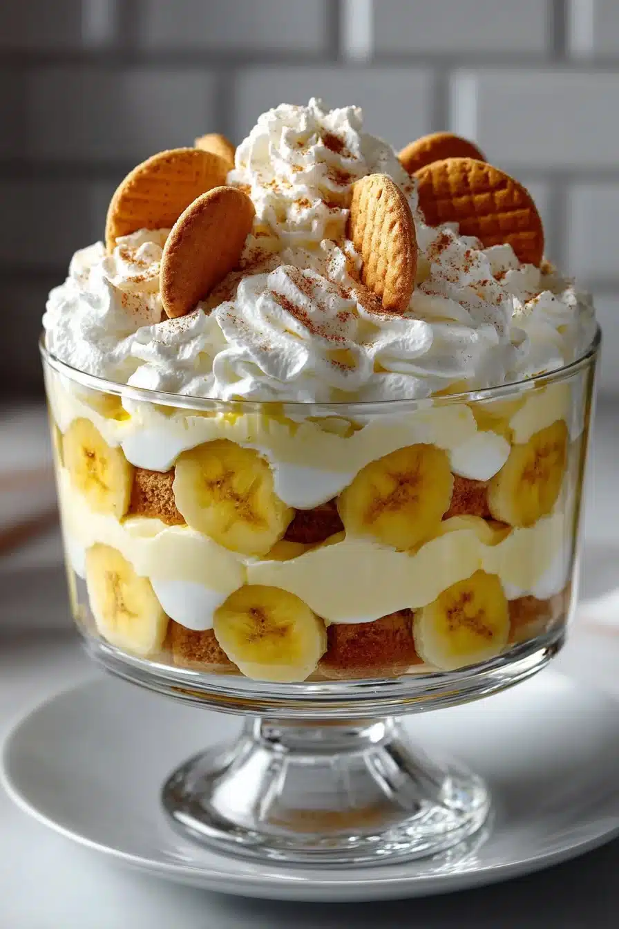 A bowl of classic homemade banana pudding layered with vanilla wafers and ripe bananas