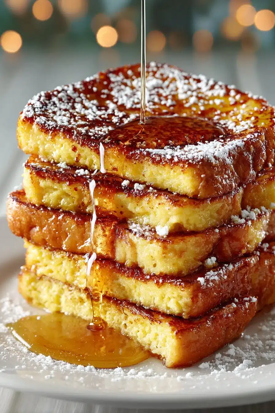 Delicious classic homemade French toast served with syrup and berries.