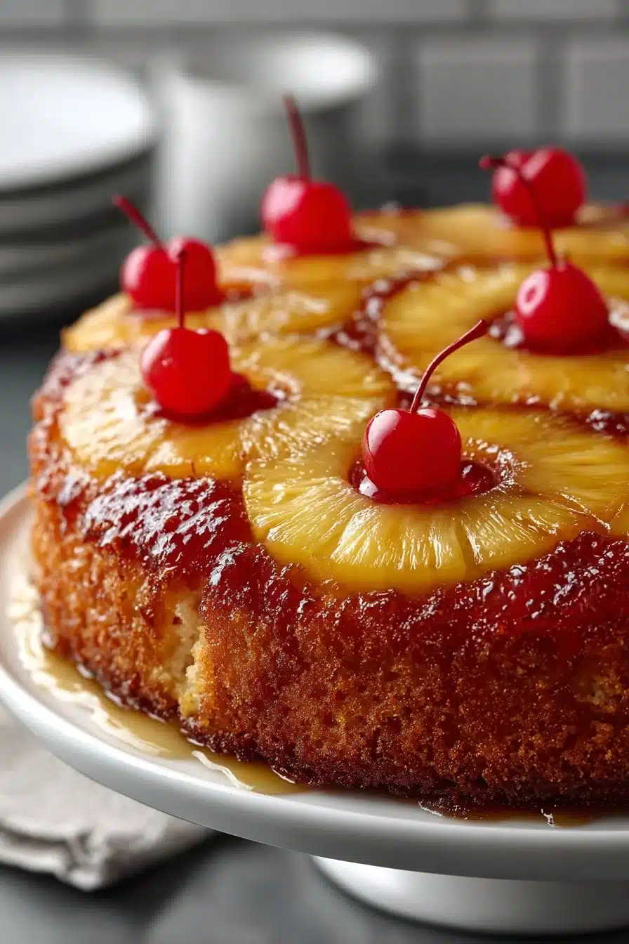 Classic homemade pineapple upside down cake with caramelized pineapple topping