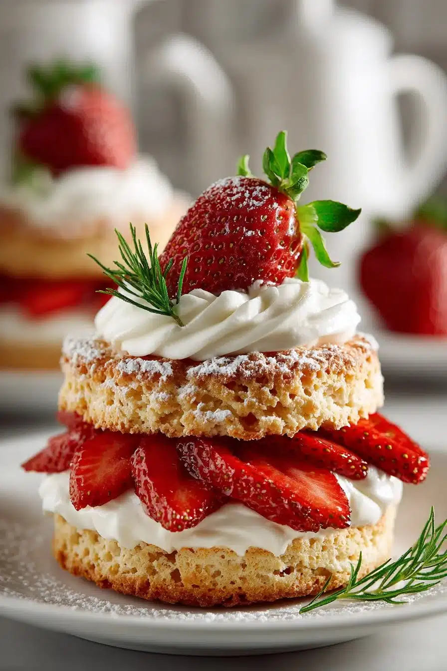 Classic homemade strawberry shortcake topped with fresh strawberries and whipped cream