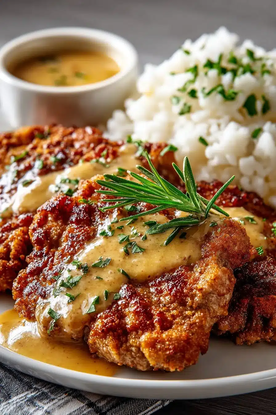 Homestyle chicken fried steak served with rich gravy on a plate