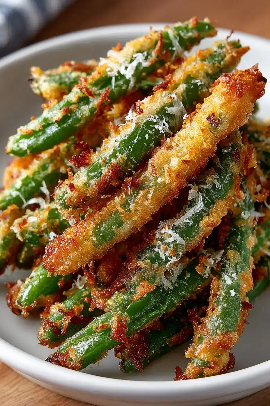 Crispy fried green bean sticks served on a plate