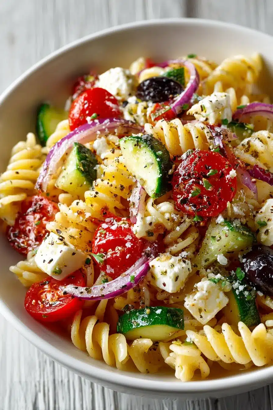 Bowl of Classic Italian Cold Pasta Salad with fresh vegetables and Italian dressing
