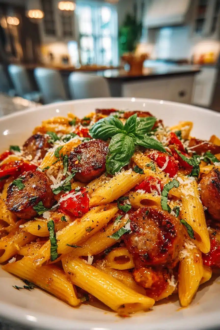 Classic One Pot Pasta with Sausage served in a white bowl garnished with herbs