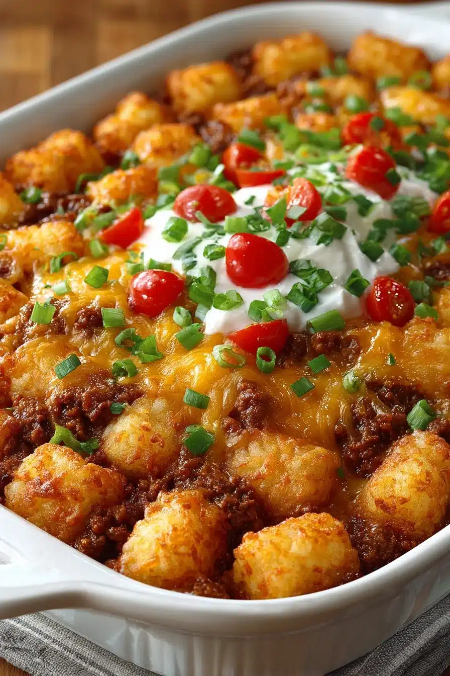 Classic Ranch Style Cowboy Casserole topped with crispy tater tots