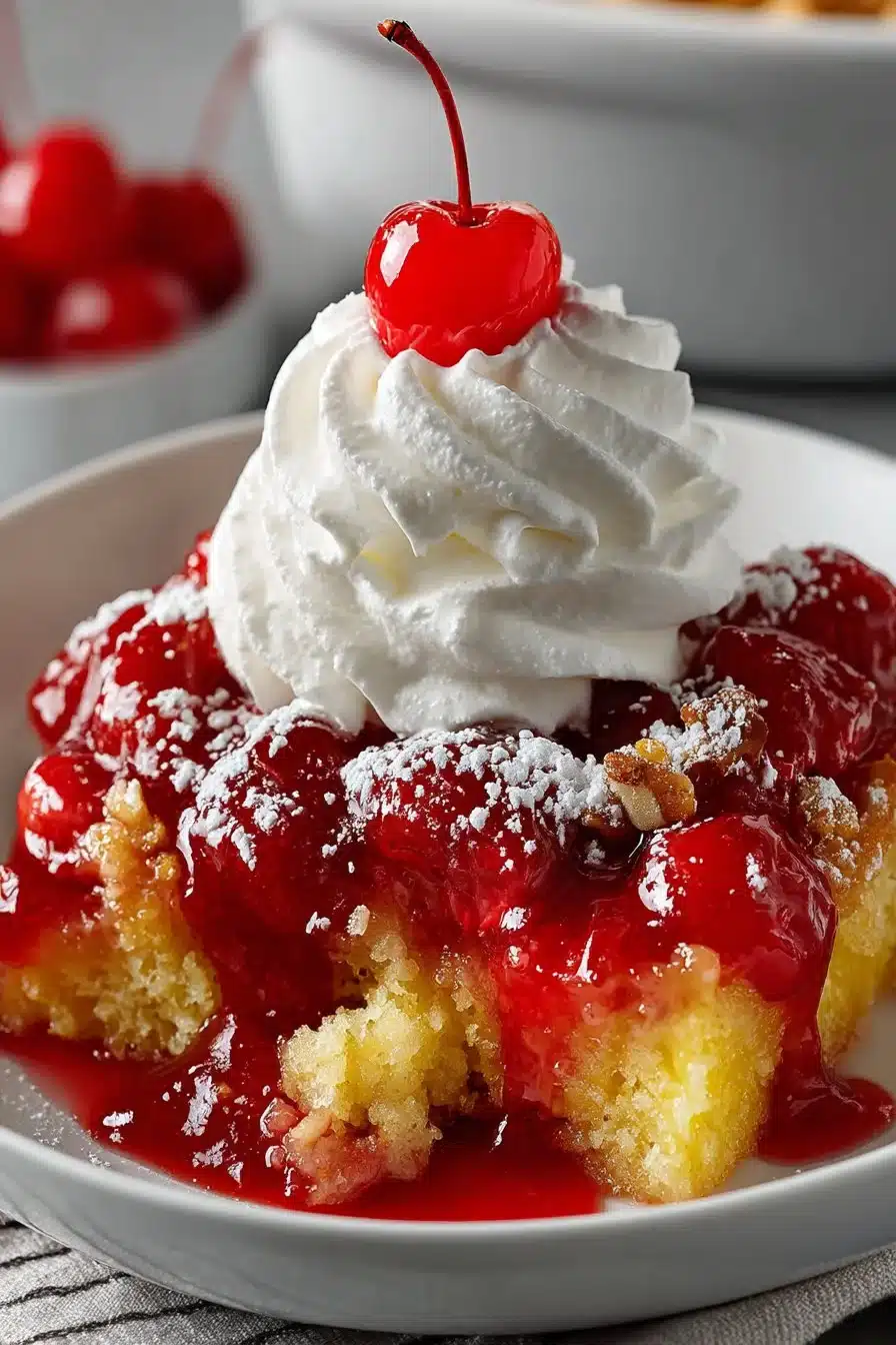 Classic Retro Cherry Pineapple Dump Cake Classic Retro Cherry Pineapple Dump Cake served in a baking dish